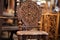 a close-up shot of an antique wooden chair with intricate carvings