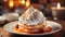 Close up shot of a Baked Alaska on fancy table.