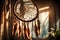 A close-up shot of a beautifully adorned dream catcher hanging in a softly lit room, casting intricate shadows on the wall