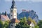 Close-up shot of Bled church and castle.