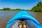 Close up shot of a blue kayak at Lake Overholser