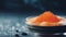 A close-up shot of a bowl filled with vibrant red trout caviar placed elegantly on a sleek concrete table in a modern