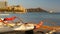 Close up shot of canoes at Waikiki beach and diamond head