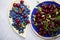 Close-up shot of cherry and blueberries in bowls
