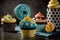 Close up shot of colorful cupcakes over dark background.