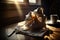 a close-up shot of a crumpled napkin on a wooden table, with sunlight streaming in through the window