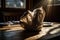 a close-up shot of a crumpled napkin on a wooden table, with sunlight streaming in through the window