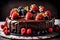 A close-up shot of a decadent chocolate birthday cake, layered with rich ganache and topped with a cascade of fresh berries. The