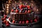 A close-up shot of a decadent chocolate birthday cake, layered with rich ganache and topped with a cascade of fresh berries