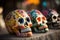 Close up shot of decorated Mexican skulls. Focus on foreground.