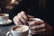 close-up shot of delicate hands, sipping coffee and savoring the moment