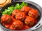 close up shot of delicious food, spicy meatball in pan, AI generated