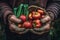 A close-up shot of a farmer\\\'s weathered hands holding a handful of fresh.