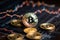 A close up shot features a gold bitcoin coin on exchange chart