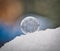 Close up shot of a frozen soap bubble on a cold winter day