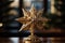 close-up shot of a golden star tree topper, positioned at the peak of a Christmas tree