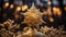 close-up shot of a golden star tree topper, positioned at the peak of a Christmas tree