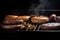 Close up shot of gourmet burgers and bread in grill barbeque. Dark background.