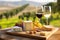 close-up shot of a gourmet cheese platter on a vineyard picnic table