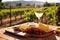 close-up shot of a gourmet cheese platter on a vineyard picnic table