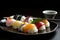 Close up shot of gourmet food photography sushi dish.