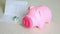 Close up shot hand of man putting money coin into pink piggy bank and blur home and book bank passbook behind metaphor of saving m