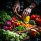 Close-up shot of hands cutting a variety of fresh vegetables for a healthy meal preparation