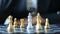 Close up shot hands of man and business woman moving gold king chess to kill silver king chess on chess board game for winner and