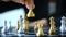 Close up shot hands of man and business woman moving gold king chess to kill silver king chess on chess board game for winner and