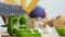 Close up shot Hands of woman using kitchen knife slice and cut the bell pepper