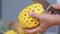 Close up shot hands of women using kitchen knife to cutting and peeling ripe pineapple shallow depth of field