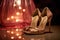 close-up shot of high heels and handbag under soft, ambient lighting