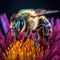 Close up shot of a honeybee pollinating on a flower