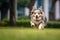 A close - up shot of a joyful, dog running through the park. Generative AI