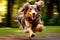 A close - up shot of a joyful, dog running through the park. Generative AI