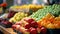 Close up shot of juicy fresh fruits and vegetables on a farmers market