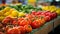 Close up shot of juicy fresh fruits and vegetables on a farmers market