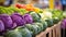 Close up shot of juicy fresh fruits and vegetables on a farmers market