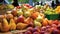 Close up shot of juicy fresh fruits and vegetables on a farmers market