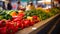 Close up shot of juicy fresh fruits and vegetables on a farmers market