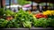 Close up shot of juicy fresh fruits and vegetables on a farmers market