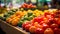 Close up shot of juicy fresh fruits and vegetables on a farmers market