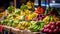 Close up shot of juicy fresh fruits and vegetables on a farmers market