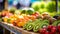 Close up shot of juicy fresh fruits and vegetables on a farmers market