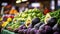 Close up shot of juicy fresh fruits and vegetables on a farmers market