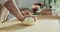 Close up shot kneading process. Man's hands preparing homemade domestic dough for cooking baking pizza pasta cookies
