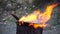 Close up shot of a large bright red fire in a barbecue bbq grill, brazier. Bright bonfire with vibrant lights, ash