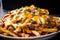 Close-up shot of loaded Poutine with a generous serving of crispy fries, cheese curds, savory gravy, and succulent pulled pork