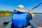 Close up shot of a man kayaking at Lake Overholser