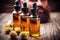 close-up shot of mens beard oil in glass bottles